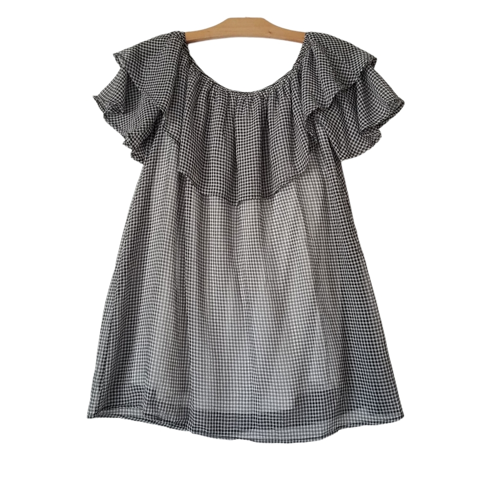 Entro Womens S Off The Shoulder Blouse Peasant Gingham Plaid Black & White